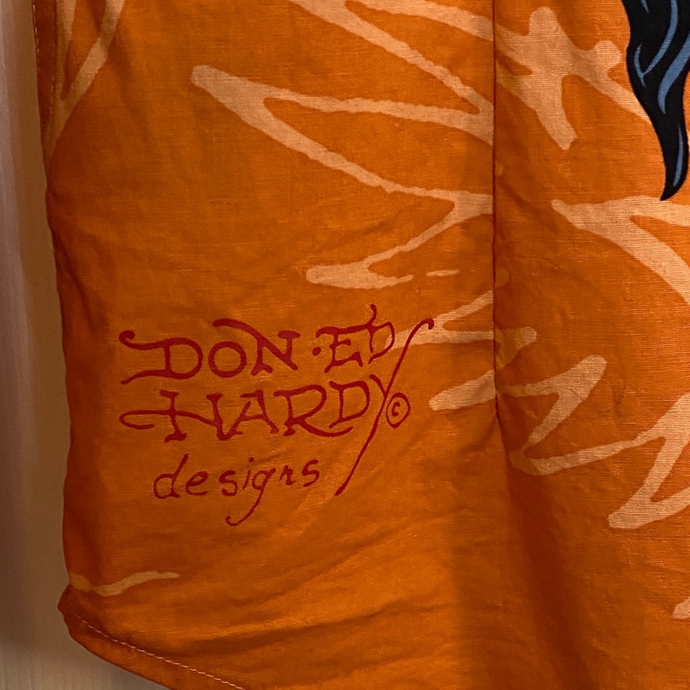 Ed Hardy Orange Tattoo Graphic Button Down Y2K Western Shirt L - Picture 11 of 16